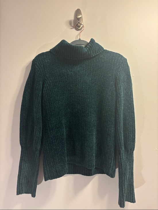 Warehouse Sweaters - Dark Green Turtleneck Chenille Sweater With Romantic Sleeves Sz12UK/8US